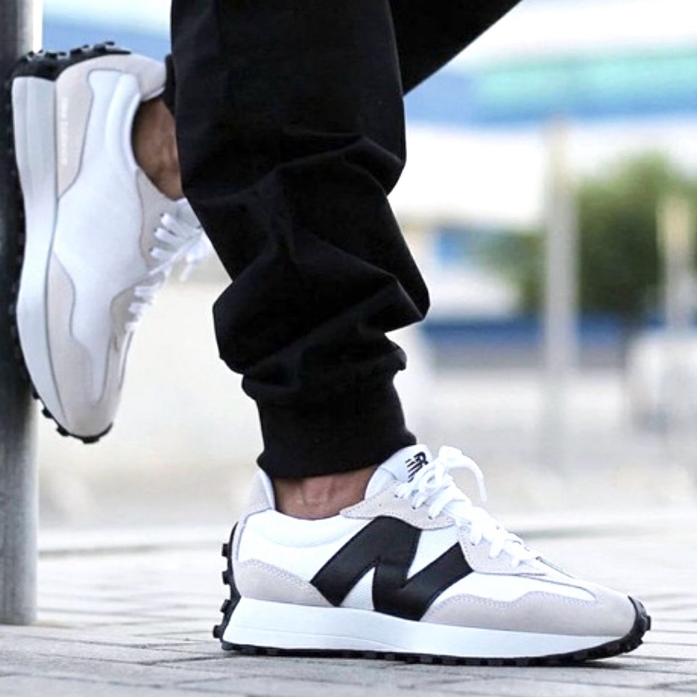 New Balance 327 White, Beige & Black Retro Runner Sneakers - Picture 2 of 11